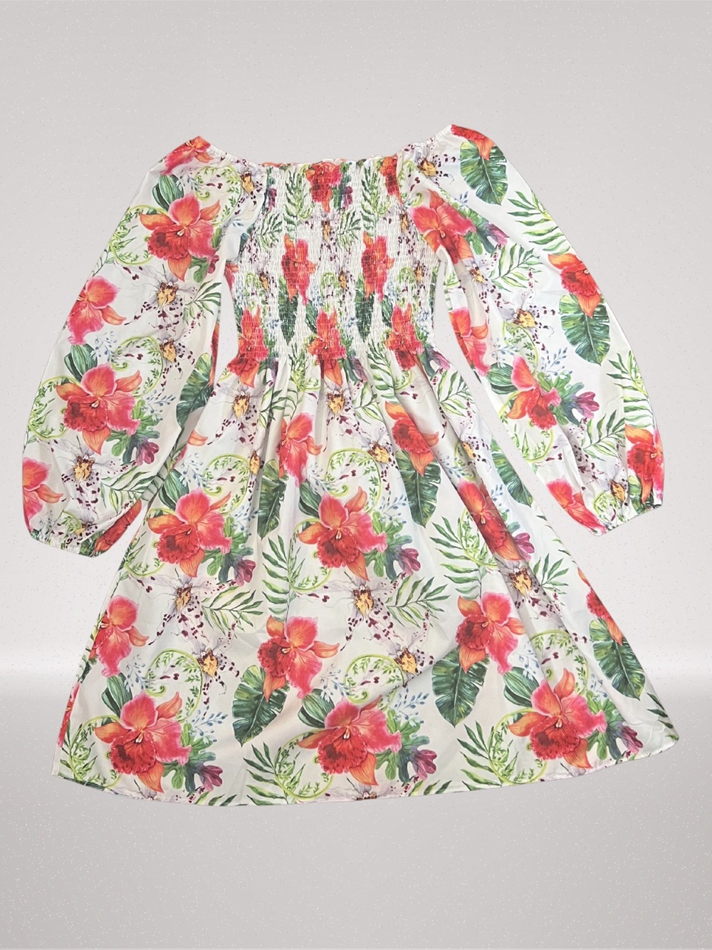 Women’s S-DEER XL Tropical Floral Smocked Boho Dress Long Sleeve